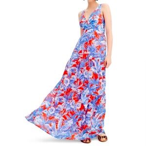 J. Crew Red White Blue Ratti Rio V-Neck Floral Print Pocketed Maxi Dress Size 2